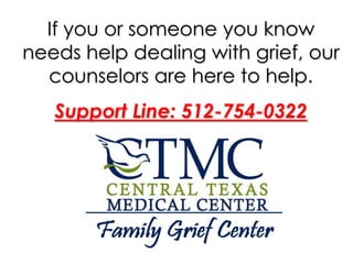 If you or someone you know
needs help dealing with grief, our
counselors are here to help.
Support Line: 512-754-0322

 