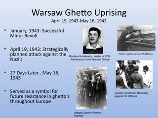 Warsaw Gheto Uprising
                           April 19, 1943-May 16, 1943

• January, 1943: Successful
  Minor Revolt

• April 19, 1943: Strategically
  planned atack against the Mordecai Anielewicz, leader of ZOB       Polish Fighter aims at SS Ofcers

  Nazi’s                        Resistance in the Warsaw Ghetto




• 27 Days Later…May 16,
  1943

• Served as a symbol for                                          Jewish Gentleman Resisting
  future resistance in gheto’s                                    against SS Officers

  throughout Europe

                                         Alleged Jewish Women
                                         Fighters
 