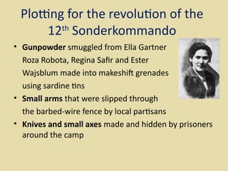 Plotng for the revoluton of the
     12th Sonderkommando
• Gunpowder smuggled from Ella Gartner
  Roza Robota, Regina Safr and Ester
  Wajsblum made into makeshif grenades
  using sardine tns
• Small arms that were slipped through
  the barbed-wire fence by local partsans
• Knives and small axes made and hidden by prisoners
  around the camp
 