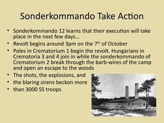 Sonderkommando Take Acton
• Sonderkommando 12 learns that their executon will take
  place in the next few days…
• Revolt begins around 3pm on the 7th of October
• Poles in Crematorium 1 begin the revolt. Hungarians in
  Crematoria 3 and 4 join in while the sonderkommando of
  Crematorium 2 break through the barb-wires of the camp
  and open an escape to the woods
• The shots, the explosions, and
• the blaring sirens beckon more
• than 3000 SS troops
 