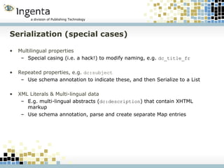 Serialization (special cases) <ul><li>Multilingual properties </li></ul><ul><ul><li>Special casing (i.e. a hack!) to modif...