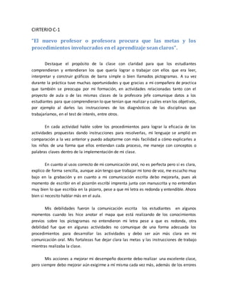 CIRTERIO C-1 
“El nuevo profesor o profesora procura que las metas y los 
procedimientos involucrados en el aprendizaje sean claros”. 
Destaque el propósito de la clase con claridad para que los estudiantes 
comprendieran y entendieran los que quería lograr o trabajar con ellos que era leer, 
interpretar y construir gráficos de barra simple o bien llamados pictogramas. A su vez 
durante la práctica tuve muchas oportunidades y que gracias a mi compañera de practica 
que también se preocupa por mi formación, en actividades relacionadas tanto con el 
proyecto de aula o de las mismas clases de la profesora jefe comunique datos a los 
estudiantes para que comprendieran lo que tenían que realizar y cuáles eran los objetivos, 
por ejemplo al darles las instrucciones de los diagnósticos de las disciplinas que 
trabajaríamos, en el test de interés, entre otros. 
En cada actividad hable sobre los procedimientos para lograr la eficacia de los 
actividades propuestas dando instrucciones para resolverlas, mi lenguaje se amplió en 
comparación a la vez anterior y puedo adaptarme con más facilidad a cómo explicarles a 
los niños de una forma que ellos entiendan cada proceso, me maneje con conceptos o 
palabras claves dentro de la implementación de mi clase. 
En cuanto al usos correcto de mi comunicación oral, no es perfecta pero si es clara, 
explico de forma sencilla, aunque aún tengo que trabajar mi tono de voz, me escucho muy 
bajo en la grabación y en cuanto a mi comunicación escrita debo mejorarla, pues ak 
momento de escribir en el pizarrón escribí imprenta junta con manuscrita y no entendían 
muy bien lo que escribía en la pizarra, pese a que mi letra es redonda y entendible. Ahora 
bien si necesito hablar más en el aula. 
Mis debilidades fueron la comunicación escrita los estudiantes en algunos 
momentos cuando les hice anotar el mapa que está realizando de los conocimientos 
previos sobre los pictogramas no entendieron mi letra pese a que es redonda, otra 
debilidad fue que en algunas actividades no comunique de una forma adecuada los 
procedimientos para desarrollar las actividades y debo ser aún más clara en mi 
comunicación oral. Mis fortalezas fue dejar clara las metas y las instrucciones de trabajo 
mientras realizaba la clase. 
Mis acciones a mejorar mi desempeño docente debo realizar una excelente clase, 
pero siempre debo mejorar aún exigirme a mí misma cada vez más, además de los errores 
 