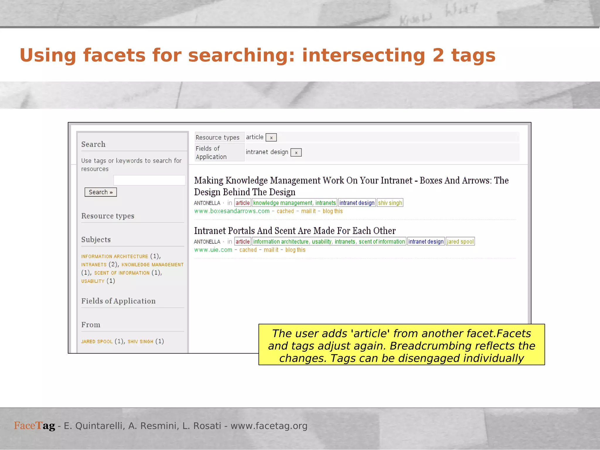 Using facets for searching: intersecting 2 tags The user adds 'article' from another facet.Facets and tags adjust again. Breadcrumbing reflects the changes. Tags can be disengaged individually 