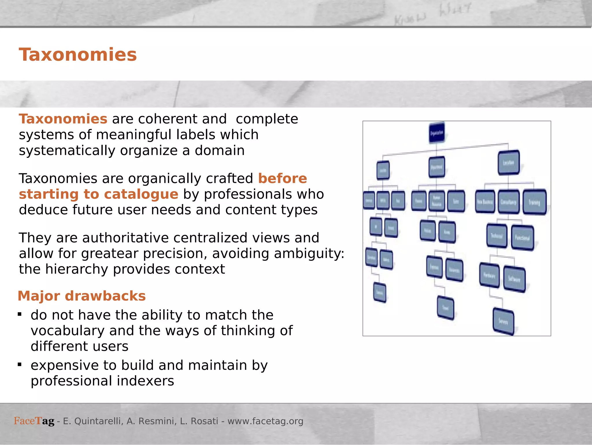 Taxonomies   are coherent and  complete systems of meaningful labels which systematically organize a domain Taxonomies are organically crafted  before starting to catalogue  by professionals who deduce future user needs and content types They are authoritative centralized views and allow for greatear precision, avoiding ambiguity: the hierarchy provides context Taxonomies Major drawbacks do not have the ability to match the vocabulary and the ways of thinking of different users expensive to build and maintain by professional indexers 
