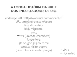 A LONGA HISTÓRIA DA URL E
DOS ENCURTADORES DE URL
!
endereço URL: http://www.site.com/node/123	

URL amigável: site.com/sobre	

tinyurl.com/site	

bit.ly, migre.me,	

u.nu, 	

➡.ws (unicode characters)	

longurl.org	

glo.bo, goo.gl, g.co, fb.me	

senta.la, rial.to, pqp.vc	

(ponto frio - encurtar preço) + virus	

+ rick rolled
 