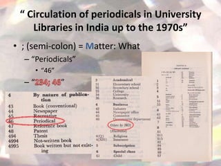 “ Circulation of periodicals in University
    Libraries in India up to the 1970s”
• ; (semi-colon) = Matter: What
  – “Periodicals”
       • “46”
  –“            ”
 