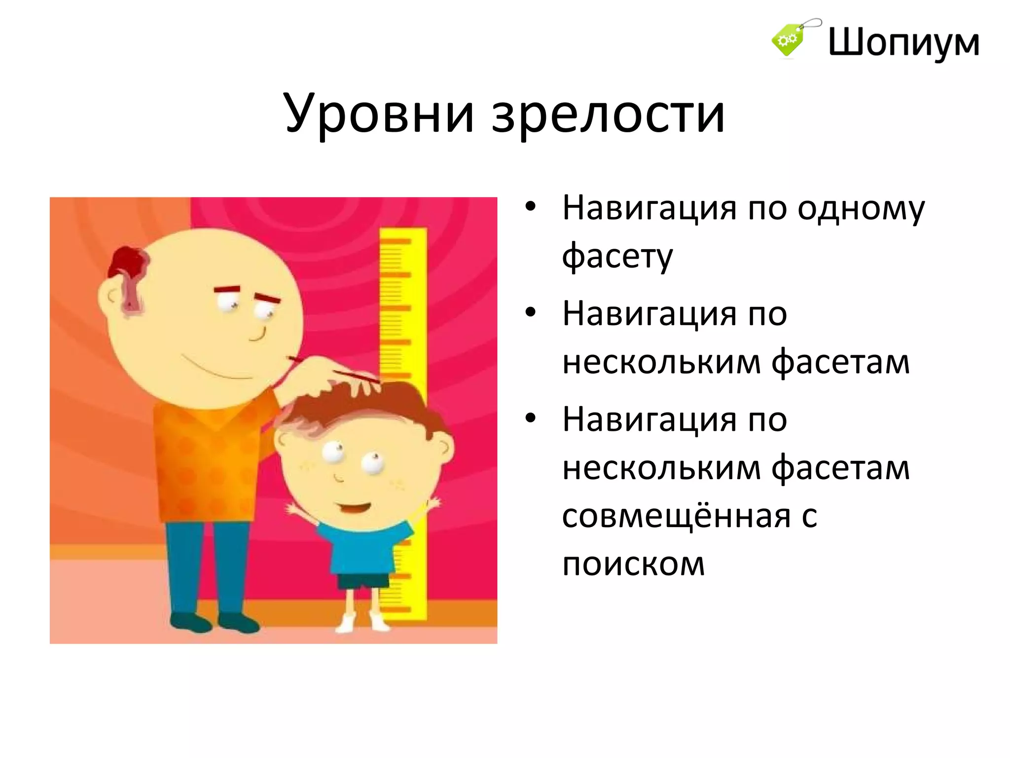 Уровни зрелости Навигация по одному фасету Навигация по нескольким фасетам Навигация по нескольким фасетам совмещённая с поиском 