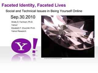 Faceted Identity, Faceted Lives Social and Technical Issues in Being Yourself Online Sep.30.2010 Shelly D. Farnham, Ph.D.  Yahoo! Elizabeth F. Churchill, Ph.D. Yahoo! Research http://www.flickr.com/photos/23045224@N04/2645051915/ 