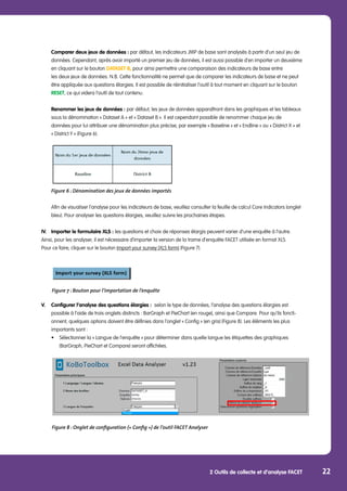 2 Outils de collecte et d’analyse FACET 22
	 Comparer deux jeux de données : par défaut, les indicateurs JMP de base sont analysés à partir d’un seul jeu de 	
	 données. Cependant, après avoir importé un premier jeu de données, il est aussi possible d’en importer un deuxième	
	 en cliquant sur le bouton DATASET B, pour ainsi permettre une comparaison des indicateurs de base entre
	 les deux jeux de données. N.B. Cette fonctionnalité ne permet que de comparer les indicateurs de base et ne peut 	
	 être appliquée aux questions élargies. Il est possible de réinitialiser l’outil à tout moment en cliquant sur le bouton 	
	 RESET, ce qui videra l’outil de tout contenu.
	 Renommer les jeux de données : par défaut, les jeux de données apparaîtront dans les graphiques et les tableaux	
	 sous la dénomination « Dataset A » et « Dataset B ». Il est cependant possible de renommer chaque jeu de 		
	 données pour lui attribuer une dénomination plus précise, par exemple « Baseline » et « Endline » ou « District X » et 	
	 « District Y » (Figure 6).
		 and “District Y” (Figure 6).
		
	
	
	 	
	 Figure 6 : Dénomination des jeux de données importés
	 Afin de visualiser l’analyse pour les indicateurs de base, veuillez consulter la feuille de calcul Core Indicators (onglet 	
	 bleu). Pour analyser les questions élargies, veuillez suivre les prochaines étapes.
IV.	 Importer le formulaire XLS : les questions et choix de réponses élargis peuvent varier d’une enquête à l’autre. 		
Ainsi, pour les analyser, il est nécessaire d’importer la version de la trame d’enquête FACET utilisée en format XLS. 		
Pour ce faire, cliquer sur le bouton Import your survey (XLS form) (Figure 7).
Figure 7 : Bouton pour l’importation de l’enquête
V.	 Configurer l’analyse des questions élargies : selon le type de données, l’analyse des questions élargies est 	
	 possible à l’aide de trois onglets distincts : BarGraph et PieChart (en rouge), ainsi que Compare. Pour qu’ils foncti-	
	 onnent, quelques options doivent être définies dans l’onglet « Config » (en gris) (Figure 8). Les éléments les plus 		
	 importants sont :
	 •	 Sélectionner la « Langue de l’enquête » pour déterminer dans quelle langue les étiquettes des graphiques
		 (BarGraph, PieChart et Compare) seront affichées.	
	
Figure 8 : Onglet de configuration (« Config ») de l’outil FACET Analyser
 