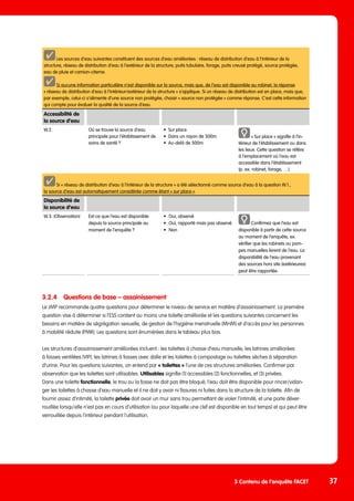 Les sources d’eau suivantes constituent des sources d’eau améliorées : réseau de distribution d’eau à l’intérieur de la
structure, réseau de distribution d’eau à l’extérieur de la structure, puits tubulaire, forage, puits creusé protégé, source protégée,
eau de pluie et camion-citerne.
Si aucune information particulière n’est disponible sur la source, mais que, de l’eau est disponible au robinet, la réponse
« réseau de distribution d’eau à l’intérieur/extérieur de la structure » s’applique. Si un réseau de distribution est en place, mais que,
par exemple, celui-ci s’alimente d’une source non protégée, choisir « source non protégée » comme réponse. C’est cette information
qui compte pour évaluer la qualité de la source d’eau.
3.2.4	 Questions de base – assainissement
Le JMP recommande quatre questions pour déterminer le niveau de service en matière d’assainissement. La première
question vise à déterminer si l’ESS contient au moins une toilette améliorée et les questions suivantes concernent les
besoins en matière de ségrégation sexuelle, de gestion de l’hygiène menstruelle (MHM) et d’accès pour les personnes
à mobilité réduite (PMR). Les questions sont énumérées dans le tableau plus bas.
Les structures d’assainissement améliorées incluent : les toilettes à chasse d’eau manuelle, les latrines améliorées
à fosses ventilées (VIP), les latrines à fosses avec dalle et les toilettes à compostage ou toilettes sèches à séparation
d‘urine. Pour les questions suivantes, on entend par « toilettes » l’une de ces structures améliorées. Confirmer par
observation que les toilettes sont utilisables. Utilisables signifie (1) accessibles (2) fonctionnelles, et (3) privées.
Dans une toilette fonctionnelle, le trou ou la fosse ne doit pas être bloqué, l’eau doit être disponible pour rincer/vidan-
ger les toilettes à chasse d’eau manuelle et il ne doit y avoir ni fissures ni fuites dans la structure de la toilette. Afin de
fournir assez d’intimité, la toilette privée doit avoir un mur sans trou permettant de violer l’intimité, et une porte déver-
rouillée lorsqu’elle n’est pas en cours d’utilisation (ou pour laquelle une clef est disponible en tout temps) et qui peut être
verrouillée depuis l’intérieur pendant l’utilisation.
3 Contenu de l’enquête FACET 37
Accessibilité de
la source d’eau
W.2. Où se trouve la source d‘eau
principale pour l’établissement de
soins de santé ?
•	 Sur place
•	 Dans un rayon de 500m
•	 Au-delà de 500m
« Sur place » signifie à l’in-
térieur de l’établissement ou dans
les lieux. Cette question se réfère
à l’emplacement où l’eau est
accessible dans l‘établissement
(p. ex. robinet, forage, …).
Si « réseau de distribution d’eau à l’intérieur de la structure » a été sélectionné comme source d’eau à la question W.1.,
la source d’eau est automatiquement considérée comme étant « sur place ».
Disponibilité de
la source d’eau
W.3. (Observation) Est-ce que l‘eau est disponible
depuis la source principale au
moment de l‘enquête ?
•	 Oui, observé
•	 Oui, rapporté mais pas observé
•	Non
Confirmez que l’eau est
disponible à partir de cette source
au moment de l’enquête, ex.
vérifier que les robinets ou pom-
pes manuelles livrent de l’eau. La
disponibilité de l’eau provenant
des sources hors site (extérieures)
peut être rapportée.
 