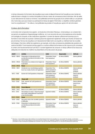 5 Annex 54
54
4 Conseils pour la préparation d’une enquête FACET
Le temps nécessaire à la formation des enquêteurs peut varier et dépend fortement de l’enquête qui sera menée (en-
quête de base ou élargie), du nombre d’enquêteurs et de leur niveau de connaissance dans le domaine. Afin de veiller
au bon déroulement du travail sur le terrain, il est préférable de former les groupes d’une certaine taille sur une période
d’au moins deux jours pour laisser aux participants le temps de digérer l’information. La répétition améliore générale-
ment la compréhension 39
. Par ailleurs, il est préférable de procéder à l’enquête peu après la fin de la formation.
Contenu de la formation
La formation doit comprendre trois aspects : a) introduction et formation théorique ; b) test pratique « en contexte réel »
qui permet une expérience d’apprentissage multiforme ; et c) une rencontre de suivi où les expériences et les résultats
sont partagés et comparés, et des clarifications apportées. Il convient de réserver suffisamment de temps pour la
formation et ainsi éviter de se presser. Certaines personnes apprennent rapidement, tandis que d’autres ont besoin de
plus de temps. Pas tous les enquêteurs ont nécessairement déjà mené une enquête ou maîtrisent bien les nouvelles
technologies. Il faut donc vérifier leur expérience, par exemple, ont-ils des connaissances préalables des questions de
santé et de WASH ? Il est important de faire appel à un nombre suffisant de formateurs et de s’assurer qu’ils connaissent
le contenu et le fonctionnement de l’outil FACET. Il convient également de consacrer un temps suffisant et les ressources
adéquates à la traduction du matériel, les présentations et les discussions de groupe.
JOUR 1 Activités Outils Responsable Méthode
08h30 – 08h45 Présentation du déroulement de la
journée/des journées de formation et des
responsables
Présentation Power-
Point (projecteur)
M./Mme EXEMPLE Séance plénière
08h45 – 09h30 Présentation du contexte et de l’origine de
l’outil FACET
Présentation Power-
Point (projecteur)
M./Mme EXEMPLE Séance plénière
09h30 – 09h45 Pause
09h45 – 10h15 Introduction aux caractéristiques généra-
les et aux modes d’action de l’application
Présentation Pow-
erPoint (projecteur),
Appareils mobiles
M./Mme EXEMPLE Séance plénière
(exercice
pratique)
10h15 – 11h00 Examen de l’outil (questions et réponses) Présentation Power-
Point (projecteur),
Appareils mobiles
M./Mme EXEMPLE Séance plénière
(exercice
pratique)
11h00 – 11h30 Pause café
11h30 – 12h30 Suite : examen de l’outil (questions et
réponses)
Présentation Power-
Point (projecteur),
Appareils mobiles
M./Mme EXEMPLE Séance plénière
(exercice pra-
tique)
12h30 – 14h00 Pause déjeuner
14h00 – 1 4h15 Retour sur le contenu jusqu’à maintenant M./Mme EXEMPLE Séance plénière
14h15 – 15h15 Test pratique en classe ; laisser les enquê-
teurs tester individuellement l’outil FACET
et ses fonctionnalités
Appareils mobiles M./Mme EXEMPLE Séance plénière
(exercice
pratique)
15h15 – 15h30 Pause
15h30 – 16h30 Discussion autour des nouvelles questions
et difficultés
Appareils mobiles M./Mme EXEMPLE Séance plénière
16h30 – 17h00 Présentation du déroulement de la
journée/des journées de formation
pratique
Présentation Power-
Point (projecteur)
Appareils mobiles
M./Mme EXEMPLE Séance plénière
(exercice
pratique)
39	
Remarque : Il est possible (quoique déconseillé pour les enquêtes élargies) de former les enquêteurs sur une journée. Par exemple, une formation
	 théorique le matin, suivi d’un test pratique et d’une autre rencontre en après-midi. Cependant, l’adoption d’une telle approche dépend fortement du nombre
	 d’enquêteurs et des connaissances préalables de ces derniers, ainsi que du soutien à la formation (p. ex., de la part du personnel de santé local).
 