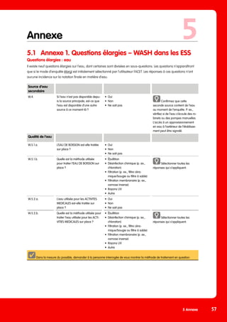 5 Annex 57
Annexe
5.1	 Annexe 1. Questions élargies – WASH dans les ESS
Questions élargies : eau
Il existe neuf questions élargies sur l’eau, dont certaines sont divisées en sous-questions. Les questions n’apparaîtront
que si le mode d’enquête élargi est initialement sélectionné par l’utilisateur FACET. Les réponses à ces questions n’ont
aucune incidence sur la notation finale en matière d’eau.
.
Source d’eau
secondaire
W.4. Si l’eau n’est pas disponible depu-
is la source principale, est-ce que
l’eau est disponible d’une autre
source à ce moment-là ?
•	Oui
•	Non
•	 Ne sait pas
Confirmez que cette
seconde source contient de l’eau
au moment de l’enquête. P. ex.,
vérifiez si de l’eau s’écoule des ro-
binets ou des pompes manuelles.
L’accès à un approvisionnement
en eau à l’extérieur de l’établisse-
ment peut être signalé.
Qualité de l’eau
W.5.1.a. L’EAU DE BOISSON est-elle traitée
sur place ?
•	Oui
•	Non
•	 Ne sait pas
W.5.1.b. Quelle est la méthode utilisée
pour traiter l’EAU DE BOISSON sur
place ?
•	Ébullition
•	 Désinfection chimique (p. ex.,
chloration)
•	 Filtration (p. ex., filtre céra-
mique/bougie ou filtre à sable)
•	 Filtration membranaire (p. ex.,
osmose inverse)
•	 Rayons UV
•	Autre
Sélectionner toutes les
réponses qui s’appliquent.
W.5.2.a. L’eau utilisée pour les ACTIVITES
MEDICALES est-elle traitée sur
place ?
•	Oui
•	Non
•	 Ne sait pas
W.5.2.b. Quelle est la méthode utilisée pour
traiter l’eau utilisée pour les ACTI-
VITIES MEDICALES sur place ?
•	Ébullition
•	 Désinfection chimique (p. ex.,
chloration)
•	 Filtration (p. ex., filtre céra-
mique/bougie ou filtre à sable)
•	 Filtration membranaire (p. ex.,
osmose inverse)
•	 Rayons UV
•	Autre
Sélectionner toutes les
réponses qui s’appliquent.
Dans la mesure du possible, demander à la personne interrogée de vous montrer la méthode de traitement en question.
5
5 Annexe 57
 