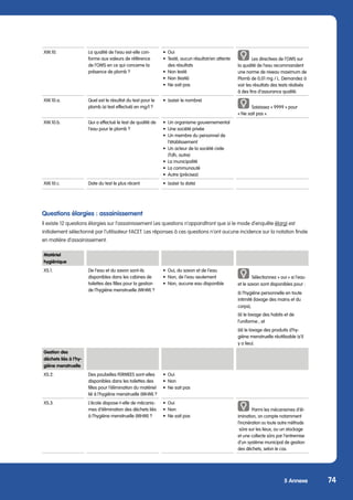 5 Annexe 74
Questions élargies : assainissement
Il existe 12 questions élargies sur l’assainissement Les questions n’apparaîtront que si le mode d’enquête élargi est
initialement sélectionné par l’utilisateur FACET. Les réponses à ces questions n’ont aucune incidence sur la notation finale
en matière d’assainissement.
Matériel
hygiénique
XS.1. De l‘eau et du savon sont-ils
disponibles dans les cabines de
toilettes des filles pour la gestion
de l‘hygiène menstruelle (MHM) ?
•	 Oui, du savon et de l’eau
•	 Non, de l’eau seulement
•	 Non, aucune eau disponible
Sélectionnez « oui » si l’eau
et le savon sont disponibles pour :
(i) l’hygiène personnelle en toute
intimité (lavage des mains et du
corps);
(ii) le lavage des habits et de
l’uniforme ; et
(iii) le lavage des produits d’hy-
giène menstruelle réutilisable (s’il
y a lieu).
Gestion des
déchets liés à l’hy-
giène menstruelle
XS.2. Des poubelles FERMEES sont-elles
disponibles dans les toilettes des
filles pour l‘élimination du matériel
lié à l‘hygiène menstruelle (MHM) ?
•	Oui
•	Non
•	 Ne sait pas
XS.3. L’école dispose-t-elle de mécanis-
mes d’élimination des déchets liés
à l’hygiène menstruelle (MHM) ?
•	Oui
•	Non
•	 Ne sait pas
Parmi les mécanismes d’él-
imination, on compte notamment
l’incinération ou toute autre méthode
sûre sur les lieux, ou un stockage
et une collecte sûrs par l’entremise
d’un système municipal de gestion
des déchets, selon le cas.
XW.10. La qualité de l’eau est-elle con-
forme aux valeurs de référence
de l’OMS en ce qui concerne la
présence de plomb ?
•	Oui
•	 Testé, aucun résultat/en attente
des résultats
•	 Non testé
•	 Non (testé)
•	 Ne sait pas
Les directives de l‘OMS sur
la qualité de l‘eau recommandent
une norme de niveau maximum de
Plomb de 0,01 mg / L. Demandez à
voir les résultats des tests réalisés
à des fins d‘assurance qualité.
XW.10.a. Quel est le résultat du test pour le
plomb (si test effectué) en mg/l ?
•	 (saisir le nombre)
Saisissez « 9999 » pour
« Ne sait pas ».
XW.10.b. Qui a effectué le test de qualité de
l‘eau pour le plomb ?
• Un organisme gouvernemental
•	 Une société privée
•	 Un membre du personnel de
	 l’établissement
•	 Un acteur de la société civile
	 (Tdh, autre)
•	 La municipalité
•	 La communauté
•	 Autre (précisez)
XW.10.c. Date du test le plus récent • (saisir la date)
 