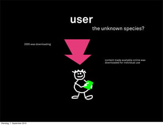 user
                                                  the unknown species?

                        2005 was downloading




                                                      content made available online was
                                                      downloaded for individual use




Dienstag, 7. September 2010
 