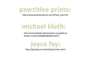 http://www.pawzitiveprints.com/Photo_tips.htm
http://joycefay.com/phototips/index.shtml
http://michaelkloth.photoshelter.com/gallery/
Shelter-Critters/G0000Zt8XNMvo45Y/
 