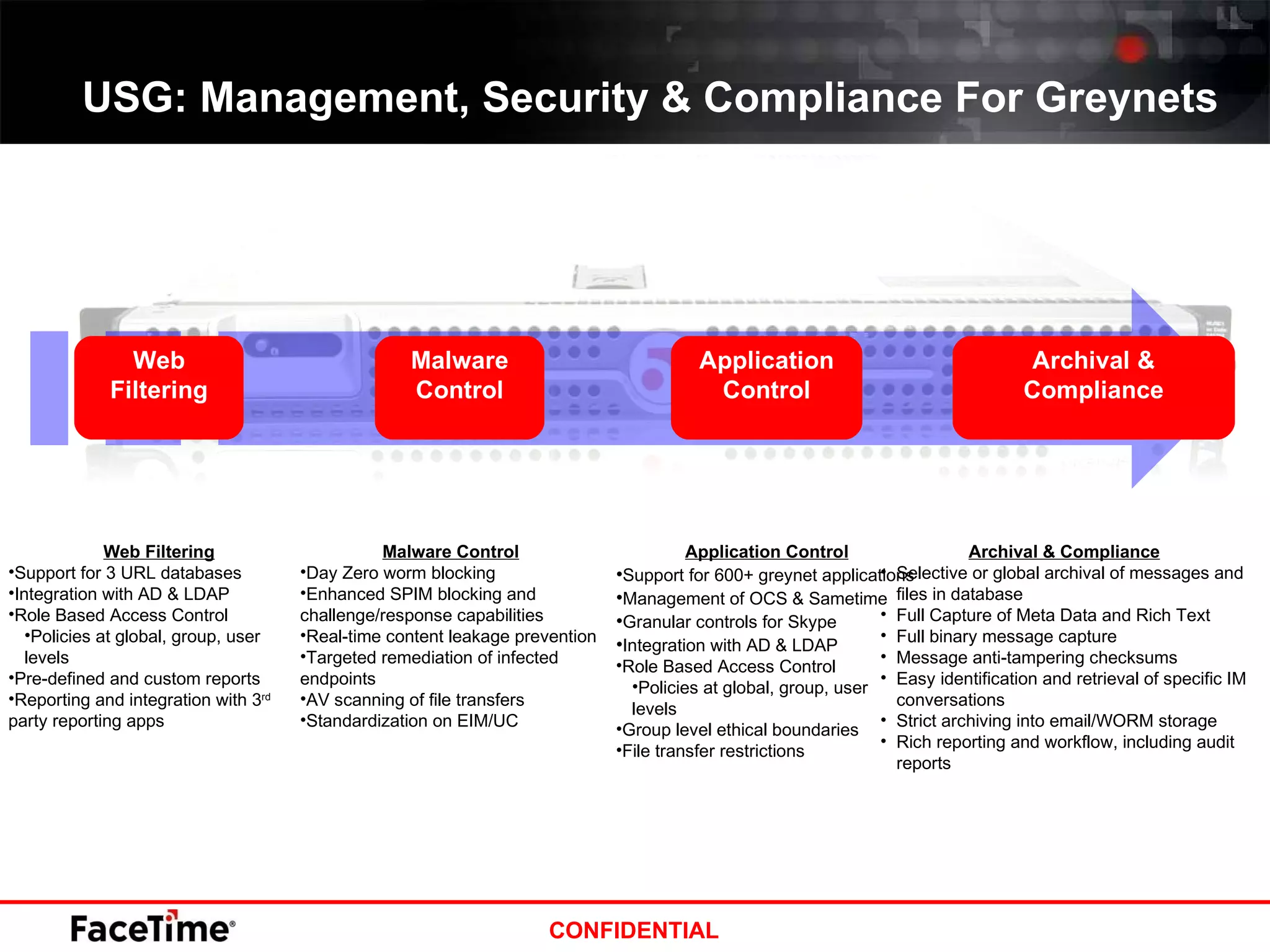 USG: Management, Security & Compliance For Greynets Web Filtering Support for 3 URL databases Integration with AD & LDAP Role Based Access Control  Policies at global, group, user levels Pre-defined and custom reports Reporting and integration with 3 rd  party reporting apps Malware Control Day Zero worm blocking Enhanced SPIM blocking and challenge/response capabilities Real-time content leakage prevention Targeted remediation of infected endpoints AV scanning of file transfers Standardization on EIM/UC Archival & Compliance Selective or global archival of messages and files in database Full Capture of Meta Data and Rich Text Full binary message capture Message anti-tampering checksums Easy identification and retrieval of specific IM conversations Strict archiving into email/WORM storage Rich reporting and workflow, including audit reports Application Control Support for 600+ greynet applications Management of OCS & Sametime Granular controls for Skype Integration with AD & LDAP Role Based Access Control Policies at global, group, user levels Group level ethical boundaries File transfer restrictions Web Filtering Malware Control Application Control Archival & Compliance 