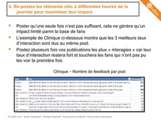 4. Re-postez les éléments clés à différentes heures de la
    journée pour maximiser leur impact


        Poster qu’une seule fois n’est pas suffisant, cela ne génère qu’un
         impact limité parmi la base de fans
        L’exemple de Clinique ci-dessous montre que les 3 meilleurs taux
         d’interaction sont dus au même post.
        Postez plusieurs fois vos publications les plus « interagies » car leur
         taux d’interaction restera fort et touchera les fans qui n’ont pas pu
         les voir la première fois

                                                    Clinique – Nombre de feedback par post




© FullSIX 2010 – Strictly Confidential – All Rights Reserved – No production or diffusion without written authorisation
 