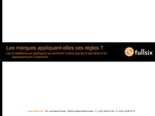 Les marques appliquent-elles ces règles ?
Les 5 meilleures en appliquent au minimum 5 alors que les 5 dernières n’en
    appliquent que 3 maximum




               www.fullsix.com 157, rue Anatole France - 92309 Levallois-Perret Cedex – T: +(33)1 49 68 73 00 – F: +(33)1 49 68 73 73
 