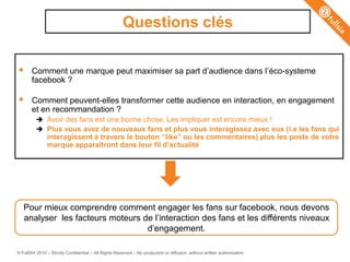 Questions clés

      Comment une marque peut maximiser sa part d’audience dans l’éco-systeme
       facebook ?

      Comment peuvent-elles transformer cette audience en interaction, en engagement
       et en recommandation ?
           Avoir des fans est une bonne chose. Les impliquer est encore mieux !
           Plus vous avez de nouveaux fans et plus vous interagissez avec eux (i.e les fans qui
               interagissent à travers le bouton “like” ou les commentaires) plus les posts de votre
               marque apparaîtront dans leur fil d‟actualité




   Pour mieux comprendre comment engager les fans sur facebook, nous devons
   analyser les facteurs moteurs de l’interaction des fans et les différents niveaux
                                  d’engagement.

© FullSIX 2010 – Strictly Confidential – All Rights Reserved – No production or diffusion without written authorisation
 
