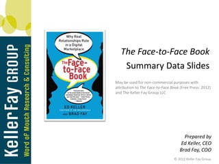 The Face-to-Face Book
    Summary Data Slides
May be used for non-commercial purposes with
attribution to The Face-to-Face Book (Free Press: 2012)
and The Keller Fay Group LLC




                                       Prepared by
                                      Ed Keller, CEO
                                     Brad Fay, COO
                                 © 2012 Keller Fay Group
 