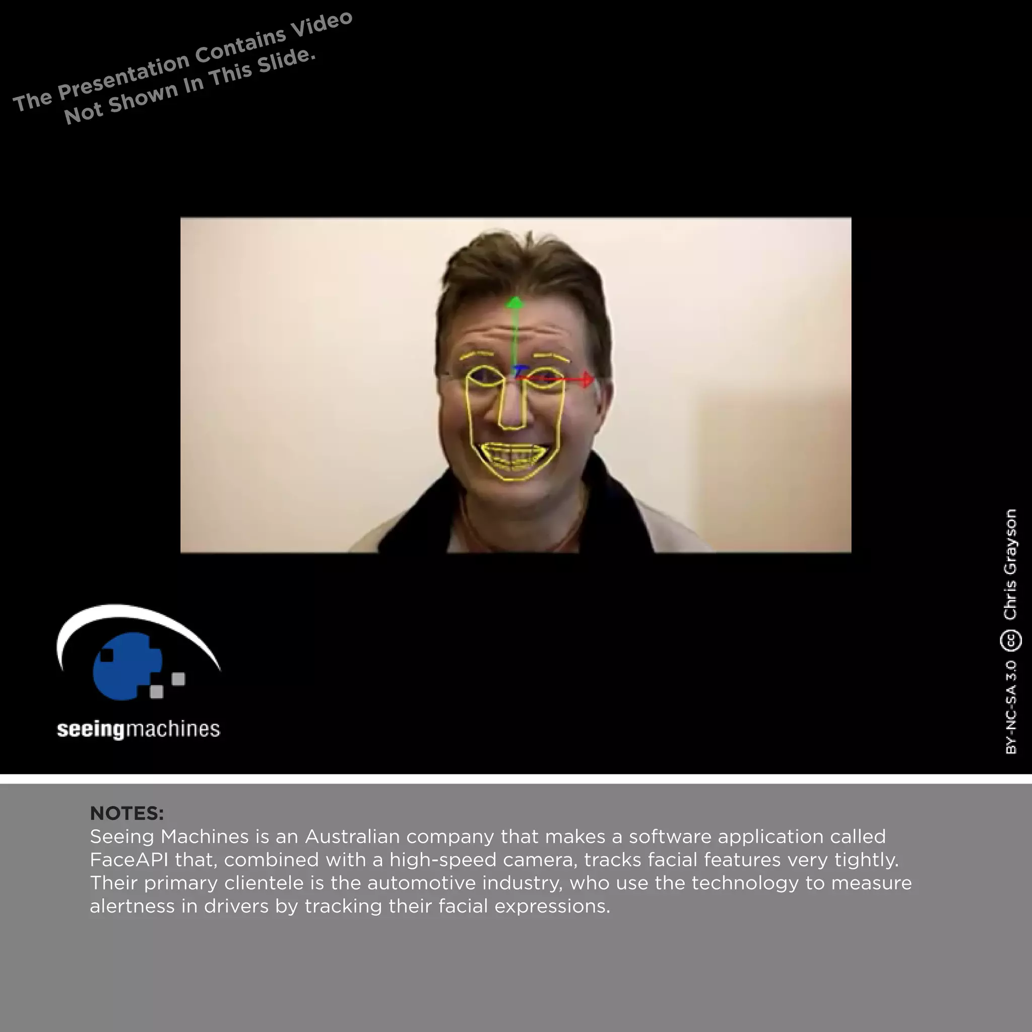 NOTES:
Seeing Machines is an Australian company that makes a software application called
FaceAPI that, combined with a high-speed camera, tracks facial features very tightly.
Their primary clientele is the automotive industry, who use the technology to measure
alertness in drivers by tracking their facial expressions.
 