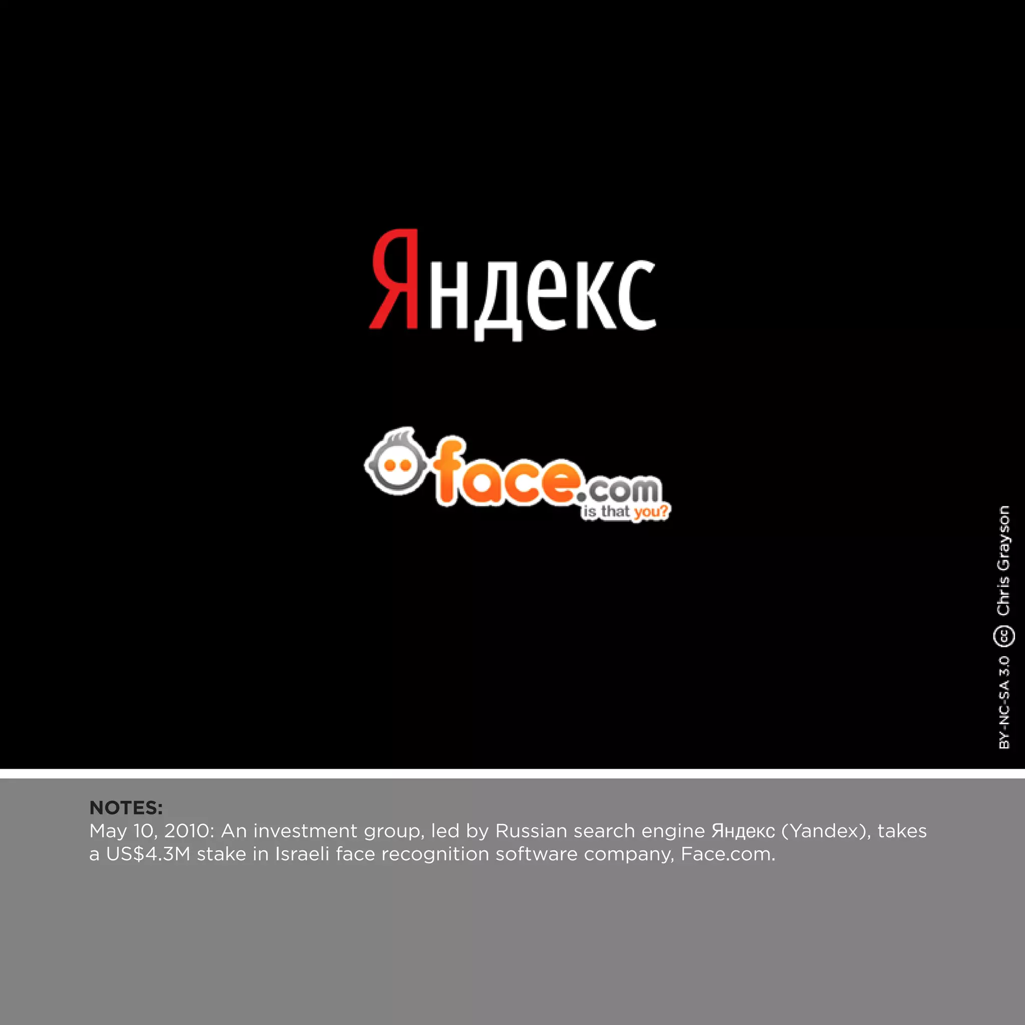 NOTES:
May 10, 2010: An investment group, led by Russian search engine Яндекс (Yandex), takes
a US$4.3M stake in Israeli face recognition software company, Face.com.
 