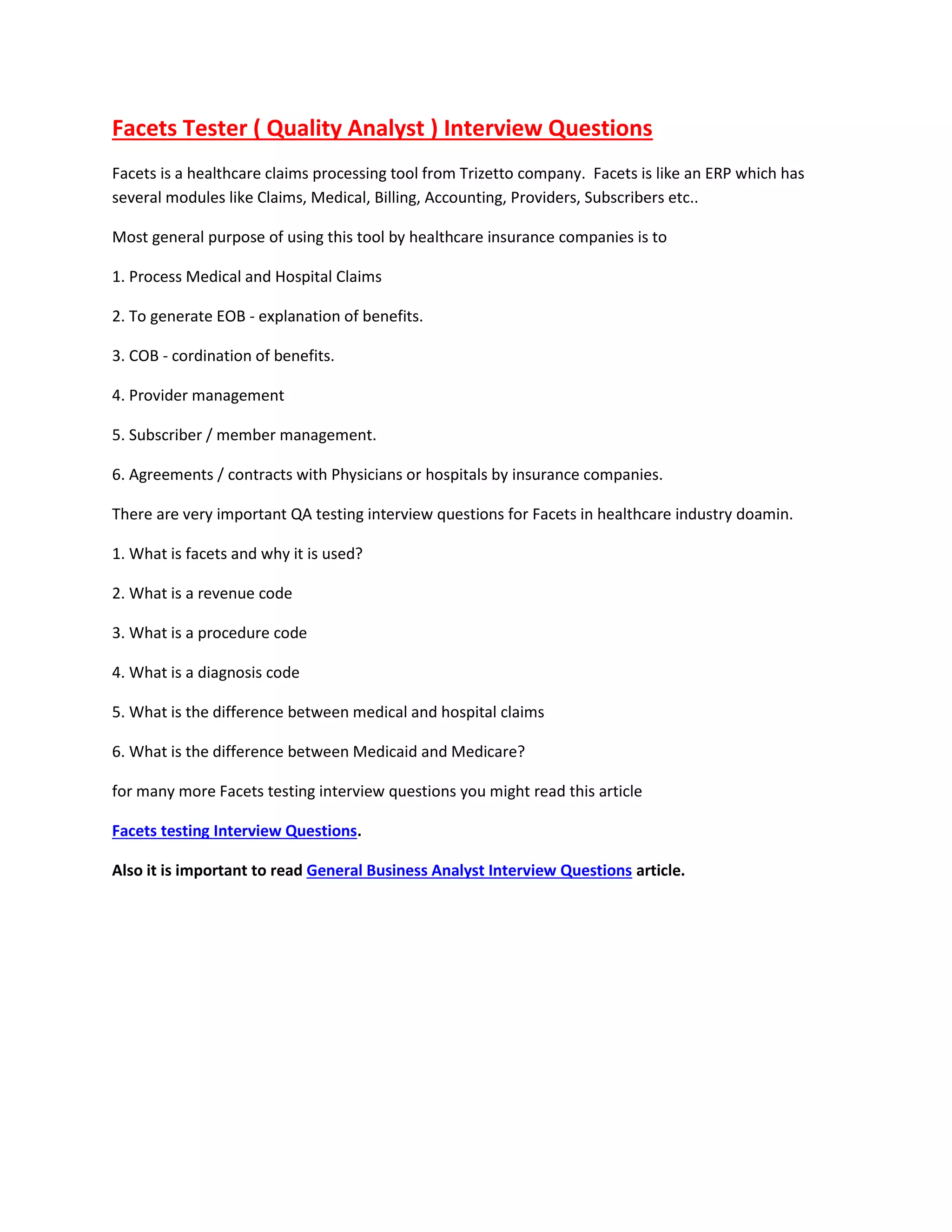 Facets Testing / Business Analyst Interview Questions PDF