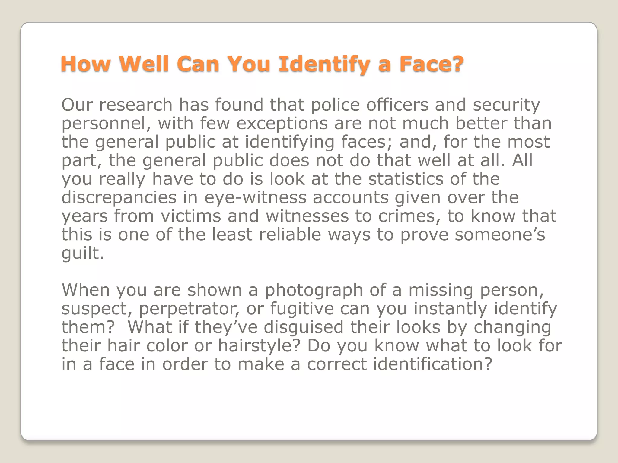 Face Wise: A Training Course on Facial Recognition | PPT