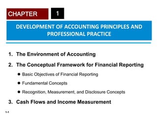 1-1
CHAPTER 1
1. The Environment of Accounting
2. The Conceptual Framework for Financial Reporting
 Basic Objectives of Financial Reporting
 Fundamental Concepts
 Recognition, Measurement, and Disclosure Concepts
3. Cash Flows and Income Measurement
DEVELOPMENT OF ACCOUNTING PRINCIPLES AND
PROFESSIONAL PRACTICE
 