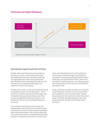 3
Digital Workplace steigert Produktivität und Effizienz
Ein Weg, diese unternehmerische Herausforderung
als Chance zu nutzen, ist der Aufbau oder Ausbau
des bestehenden Intranets oder Mitarbeiterportals
zum Digital Workplace. Dieser stellt personalisiert
allen Mitarbeitern die notwendigen Informationen und
Prozesse in einer endgeräteunabhängigen Form
­stationär und mobil zur Verfügung.
Der Weg dorthin sollte – je nach dem Reifegrad eventuell
vorhandener Intranet- bzw. Portallösungen – Schritt
für Schritt in mehreren Evolutionsstufen erfolgen. Den
Anfang stellt eine ausführliche Analyse des Status
quo dar. Die Ergebnisse werden dazu genutzt, eine
detail­­­­­lie­r­te­ Vision bzw. eine individuelle Roadmap zu
ent­wickeln.
Ein vorhandenes traditionelles Intranet lässt sich
beispielsweise in der ersten Stufe um einfache zusätz-
liche soziale Funktionen und Personalisierungsmöglich-
keiten der Inhalte erweitern. Die nächste Ausbaustufe
kann bereits eine Vorstufe zum Digital Workplace bilden,
etwa durch umfassende Funktionen für Social Collabo-
ration, eine übergreifende Suche und die Integration
von Prozessen und Anwendungen. Der umfassende
(und weiterhin flexibel ausbaufähige) Digital Workplace
bietet dann einen ganzheitlichen Ansatz, der auf einer
veränderten Unternehmenskultur, einer flexibel anpass-
baren Organisationsstruktur und einer hohen Mitarbei-
terakzeptanz fußt.
Dieses stufenweise Vorgehen empfiehlt sich einerseits,
um die Mitarbeiter nach und nach an die neue Arbeits-
welt zu gewöhnen und nicht zu überfordern. Darüber
hinaus lassen sich die Investitionen und der Ressourcen­
bedarf zum Aufbau des Digital Workplace über einen
größeren Zeitraum verteilen und die Projektrisiken
minimieren.
*Parallel muss der mobile Zugriff ermöglicht werden.
Change-Prozess*
Potenziale des Digital Workplace
arbeiten, wo und
wann man möchte
freie Zeiteinteilung
Arbeit an fixem Ort,
zu fixer Zeit
räumliche
Flexibilität
 