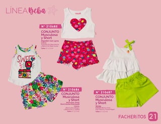 121
LÍNEA
Talles: 0 1 2 3 4 6
Talles: 0 1 2 3 4 6
Colores:
Turquesa-Est Base Marino
y Blanco-Est Base Fucsia.
CONJUNTO
Musculosa
y Short
N° 210685
Algodón Con Lycra
JerseyColores:
Blanco-Est C/Negro,
y Blanco-Est C/ Violeta
CONJUNTO
Musculosa
y Short
N° 210686
Musculosa: Jersey
Short:Viscosa Estampada
Colores: Blanco-Lima,
Rojo-Marino y Fucsia-Negro.
CONJUNTO
Musculosa
y Short
N° 210687
Talles: 0 1 2 3 4 6
 