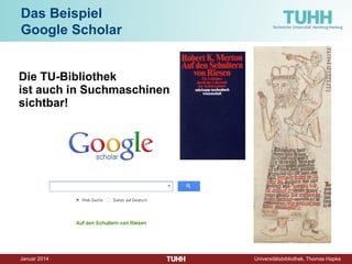 Dezember 2014 Universitätsbibliothek, Thomas Hapke 
Wie kommen Sie an den Volltext dieser Aufsätze? 
Early Modern Information Overload, Daniel Rosenberg, Journal of the History of Ideas 64 (2003) 1, pp. 1-9 10.1353/jhi.2003.0017 
Zugriff: Volltext von der TUHH aus wohl nur über Fernleihe als Papierkopie erhältlich! 
Wie bestellen Sie eine Fernleihe? 
Was bedeutet die Zeichenfolge am Ende des obigen Zitates?  