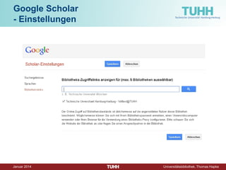 Dezember 2014 Universitätsbibliothek, Thomas Hapke 
Wie kommen Sie an den Volltext dieser Aufsätze? 
A. Vanossi, J. Röder, A. R. Bishop, and V. Bortolani: Underdamped commensurate dynamics in a driven Frenkel-Kontorova–type model. Phys. Rev. E 67, 016605 (2003) 
Zugriff: Online im TUHH-Internet auf Verlags-Website nicht zugänglich. 
Online über GetInfo der TIB Hannover zugänglich! 
Wie gefunden?  