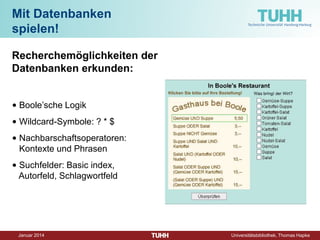 Dezember 2014 Universitätsbibliothek, Thomas Hapke 
Special: Gefahrstoffdaten 
Daten zu Gefahrstoffen mit konkreten, praxisbezogenen Sicherheitshinweisen und Handlungsanleitungen sowie allen einschlägigen Gesetze, Verordnungen und EG/EU- Richtlinien! 
http://tinyurl.com/merkblaetter  