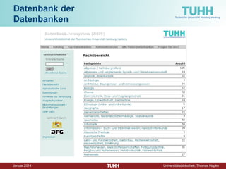 Dezember 2014 Universitätsbibliothek, Thomas Hapke 
Recherchieren in Fachdatenbanken I 
1.Herausarbeiten der wichtigen Komponenten eines Themas 
2.Bildung einer Wortliste: Synonyme, Oberbegriffe, Unterbegriffe, evtl. auch Suchbegriffe übersetzen. Geeignete Tools: www.wikimindmap.org/ oder Thesaurus in den Datenbanken (z.B. TEMA, INSPEC…) verwenden! 3. vom Allgemeinen zum Speziellen Begriff 
4.Stoppwörter (Artikel, Präpositionen) i.d.R. weglassen Recherchetechniken: 
• Suchfelder gezielt auswählen 
• Trunkierung: Wortstämme verwenden und (* , ? , $ ) anfügen 
• Verknüpfung von Suchaspekten mit Booleschen Operatoren UND / AND ODER / OR  