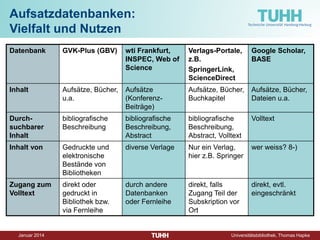 Dezember 2014 Universitätsbibliothek, Thomas Hapke 
Recherchieren in Fachdatenbanken II 
Recherchevorbereitung durch ein Suchbegriffs-Diagramm: ✗Welche Aspekte hat meine Suche? ✗Mit welchen Worten kann ich diese abbilden? ✗ Wie muss ich diese Suchbegriffe verknüpfen? 
Aspekt 1 
Operator 
Aspekt 2 
wiederverw* 
AND 
kunststoff* 
OR 
OR 
verwert* 
plasti* 
OR 
OR 
recycl* 
polymer 
OR 
PVC 
Aspekt 
weitere mögliche Suchbegriffe 
1. Wiederverwendung 
Verwertung, Recycling 
2. Kunststoff 
Plastik, Polymer, Polyvinylchlorid 
Thema: Wiederverwendung von Kunststoffen  