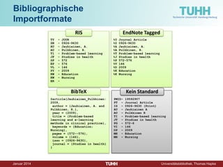 Dezember 2014 Universitätsbibliothek, Thomas Hapke 
Aufsatzdatenbank: 
Vielfalt und Nutzen 
Datenbank 
GVK-Plus (GBV) 
WTI-TEMA, INSPEC, Web of Science, RSWB plus 
Verlags-Portale, z.B. IEEE Xplore, SpringerLink, ScienceDirect 
Google Scholar, BASE 
Inhalt 
Aufsätze, Bücher, u.a. 
Aufsätze (Konferenz- Beiträge), Hochschulschriften und Bücher (TEMA und INSPEC) 
Aufsätze, Bücher, Buchkapitel, 
Normen (IEEE) 
Aufsätze, Bücher, Hochschulschriften u.a. 
Durchsuchbarer Inhalt 
bibliographische Beschreibung 
bibliographische Beschreibung, Abstract 
bibliographische Beschreibung, Abstract, Dokumente 
Dokumente 
Inhalt von 
Gedruckte und elektronische Bestände von Bibliotheken 
diverse Verlage 
Nur ein Verlag, hier IEEE, Springer, Elsevier 
Base 
 Diverse 
Publikationsserver; 
Google Scholar 
 wer weiss? 
Zugang zum Dokument 
direkt oder gedruckt in Bibliothek bzw. via Fernleihe 
Volltext-Verlinkung über andere Datenbanken oder Fernleihe 
direkt, falls Zugang Teil der Subskription vor Ort 
direkt, evtl. eingeschränkt 
Besonderheiten 
__ 
WTI-TEMA und INSPEC 
Thesaurus(-suche); 
Web of Science 
Zitationsanalyse 
IEEE Xplore: Keyword list 
__  