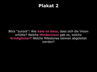 Plakat 2

Blick “zurück”: Wie kam es dazu, dass sich die Vision
erfüllte? Welche Hindernisse gab es, welche
Ermöglicher? Welche Milestones können abgeleitet
werden?

 