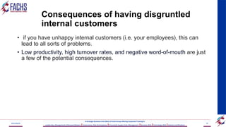 Consequences of having disgruntled
internal customers
• if you have unhappy internal customers (i.e. your employees), this can
lead to all sorts of problems.
• Low productivity, high turnover rates, and negative word-of-mouth are just
a few of the potential consequences.
2023/06/03 52
A Strategic Business Unit (SBU) of Fachs Group offering Corporate Training in:
Leadership, Management & Personal Mastery I Governance, Risk & Compliance IFinancial & Supply Chain Management IBusiness Skills ITechnology Skills IIndustry Certifications
 