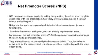 Net Promoter Score® (NPS)
• NPS measures customer loyalty by asking the question, ‘Based on your complete
experience with the organization, how likely are you to recommend it to your
friends and colleagues?’
• Net promoter score surveys can be distributed at various customer journey
touchpoints.
• Based on the score at each point, you can identify improvement areas.
• For example, the Net promoter score of 5 for the customer support team means
the users had a poor experience.
• They are not likely to recommend your business to others. Thus, it can be an
active area for the management team to ensure their relationship with the users
doesn’t end.
2023/06/03 59
A Strategic Business Unit (SBU) of Fachs Group offering Corporate Training in:
Leadership, Management & Personal Mastery I Governance, Risk & Compliance IFinancial & Supply Chain Management IBusiness Skills ITechnology Skills IIndustry Certifications
 