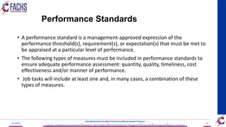Performance Standards
• A performance standard is a management-approved expression of the
performance threshold(s), requirement(s), or expectation(s) that must be met to
be appraised at a particular level of performance.
• The following types of measures must be included in performance standards to
ensure adequate performance assessment: quantity, quality, timeliness, cost
effectiveness and/or manner of performance.
• Job tasks will include at least one and, in many cases, a combination of these
types of measures.
2023/06/03 62
A Strategic Business Unit (SBU) of Fachs Group offering Corporate Training in:
Leadership, Management & Personal Mastery I Governance, Risk & Compliance IFinancial & Supply Chain Management IBusiness Skills ITechnology Skills IIndustry Certifications
 