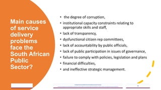 Main causes
of service
delivery
problems
face the
South African
Public
Sector?
• the degree of corruption,
• institutional capacity constraints relating to
appropriate skills and staff,
• lack of transparency,
• dysfunctional citizen rep committees,
• lack of accountability by public officials,
• lack of public participation in issues of governance,
• failure to comply with policies, legislation and plans
• financial difficulties,
• and ineffective strategic management.
2023/06/03
A Strategic BusinessUnit (SBU) of Fachs Groupoffering Corporate Training in:
Leadership, Management & Personal Mastery I Governance, Risk & Compliance I Financial& Supply Chain Management I Business Skills I Technology Skills I Industry Certifications
66
 