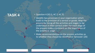 TASK 4 • Question 4 (SO 3, AC 2, AC 3)
• Identify two processes in your organisation which
leads to the provision of a service or goods. Map the
process by listing all the activities and stages to be
undertaken in their correct order. For each stage of
the process make a comment on the importance of
the activity or stage.
• Make recommendations on the process activities as
to whether they should be modified or removed (20)
2023/06/03
A Strategic Business Unit (SBU) of Fachs Group offering Corporate Training in:
Leadership, Management & Personal Mastery I Governance, Risk & Compliance I Financial & Supply Chain Management I Business Skills I Technology Skills I Industry Certifications
80
 