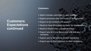 Customers
Expectations
continued
Customers:
• Want mistakes admitted to and rectified
• Expect promises that are made to be honoured
• Expect to be treated with respect
• Need to have time given to them for explanations
• Need to know when a problem arises
• Expect you to know about your job and your
company
• Expect you to be able to answer questions
• Expect you to find solutions to their problems.
 