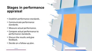 Stages in performance
appraisal
• Establish performance standards.
• Communicate performance
standards.
• Measure actual performance.
• Compare actual performance to
performance standards.
• Discuss the results and give
feedback.
• Decide on a follow-up plan.
5/18/2023 25
 