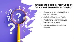 What is included in Your Code of
Ethics and Professional Conduct
1. Relationship with the Legislature
and the Executive
2. . Relationship with the Public
3. Relationship among Employee
4. Performance of Duties
5. Personal Conduct and Private
Interests
 
