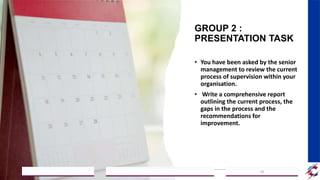 GROUP 2 :
PRESENTATION TASK
• You have been asked by the senior
management to review the current
process of supervision within your
organisation.
• Write a comprehensive report
outlining the current process, the
gaps in the process and the
recommendations for
improvement.
2023/05/18
A Strategic Business Unit (SBU) of Fachs Group offering Corporate Training in:
Leadership, Management & Personal Mastery I Governance, Risk & Compliance I Financial & Supply Chain Management I Business Skills I Technology Skills I Industry Certifications
58
 