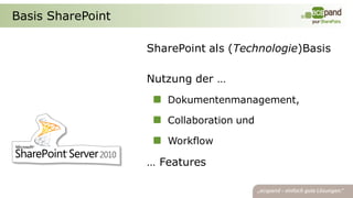Basis SharePoint

                   SharePoint als (Technologie)Basis

                   Nutzung der …
                      Dokumentenmanagement,

                      Collaboration und

                      Workflow

                   … Features
 