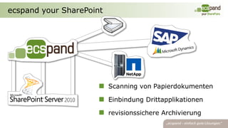 ecspand your SharePoint




                          Scanning von Papierdokumenten

                          Einbindung Drittapplikationen

                          revisionssichere Archivierung
 