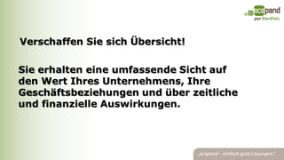 Verschaffen Sie sich Übersicht!

Sie erhalten eine umfassende Sicht auf
den Wert Ihres Unternehmens, Ihre
Geschäftsbeziehungen und über zeitliche
und finanzielle Auswirkungen.
 